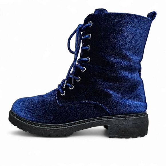 Wanted New Velour Royal Blue Ankle Patrol Lace-up Chunky Y2K Combat Boot - Picture 1 of 13